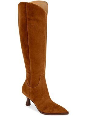 Women's Wide Calf Knee High Boot Kitten Heel Pointed Toe Boots Side Zipper Brown